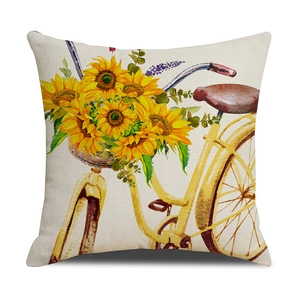 Linen decorative pillow cover with vintage bicycle and sunflower watercolor print