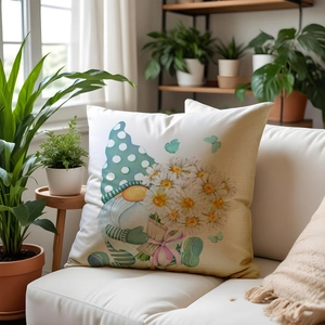 Linen decorative throw pillow featuring a cute Nordic Gnome with a daisy bouquet on sofa