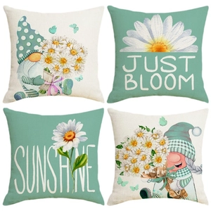 Set of 4 linen pillow covers with mint green gnomes, daisies, and butterflies design