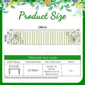 Groen gestreepte linnen tafelloper met HELLO spring print en maattabel voor 4-6 personen