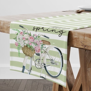 Frühlings-Tischläufer mit grünen Streifen, Blumenrad-Muster und Hello Spring Text