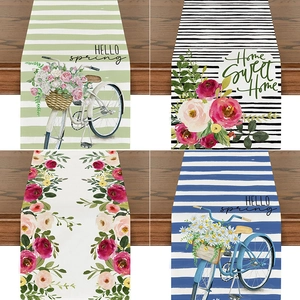 Frühling Aquarell Floral Fahrrad Tischläufer Leinenoptik Streifen Karo Rechteck Tischdecke Für Esszimmer Party Heimdeko