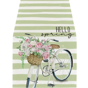 Tischläufer aus Leinen mit grünen Streifen, Aquarell-Fahrrad und Hello Spring Blumendruck
