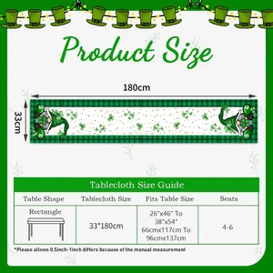 Linen Saint Patrick's Day table runner with green gnomes and clovers, size 33x180 cm