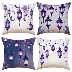 Lot de 4 housses de coussin en lin avec lanternes violettes, lune et fleurs
