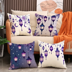 Taie d'Oreiller Ramadan en Imitation Lin Imprimé Lampe à Huile Violette Lune Carré Vintage pour Décoration de Canapé Maison