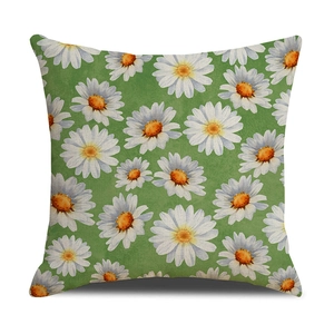 Daisy floral print throw pillow cover in green linen fabric for sofa home decoration