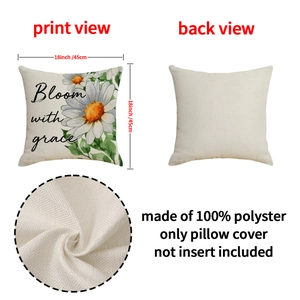 Daisy print decorative linen pillowcase with Bloom with grace text, 18x18 inch square cover
