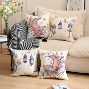 Vierteiliges Deko-Kissenbezug-Set mit Mond- und Blumenmuster im Boho-Aquarell-Stil