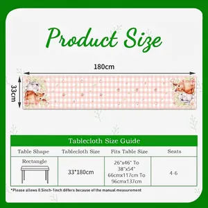 Easter linen table runner featuring pink gingham with cute bunny and floral patterns 33x180cm