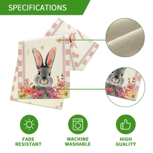 Easter rabbit table runner with linen texture and floral bunny print for dining decor