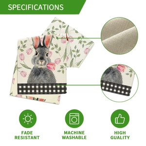 Detail of durable linen Easter table runner with bunny print and fade resistant fabric
