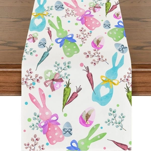 Detailed watercolor bunny and Easter egg print on linen blend festive table runner fabric