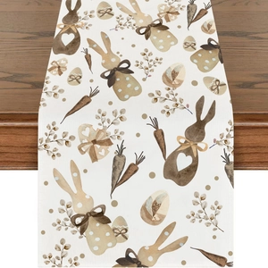 Easter Table Runner Linen Polyester Bunny Rabbit Floral Print Holiday Dining Room Party Decoration Machine Washable