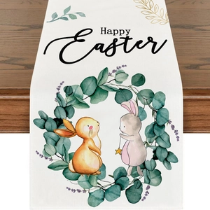 Detail of Happy Easter table runner featuring cute bunnies and eucalyptus wreath print
