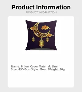 Linen pillowcase detail showing moon and lantern print with 45x45cm size specs