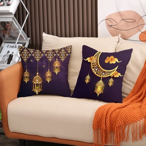 Deep purple linen pillow covers with gold moon and lantern print for festive home decor