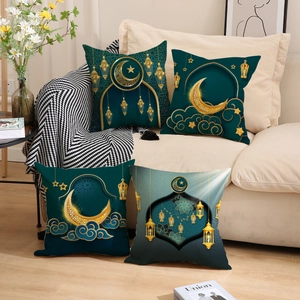 Set of 4 dark green and gold Ramadan throw pillow covers with crescent moon and lantern design