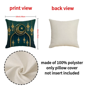Green Ramadan pillow cover with gold moon and star patterns on linen textured fabric