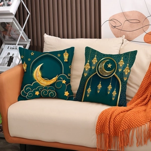 Set of 2 decorative dark teal linen pillow covers with golden Eid moon and star patterns