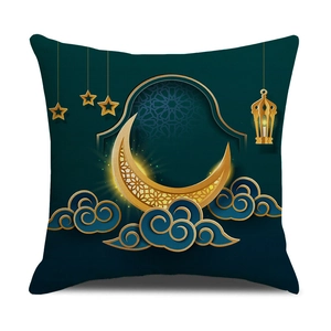 Detailed texture of linen cushion cover with moon and lantern print for Ramadan decor