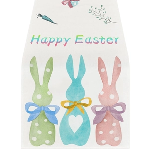 Linen Easter table runner featuring cute rabbits and Happy Easter colorful print