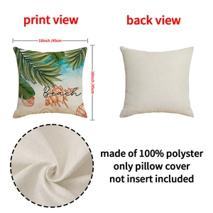 18-inch beach-themed linen pillow cover with palm leaf print and sandy beige texture