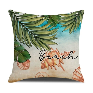 Summer ocean square pillow case with tropical palm leaves and beach text print