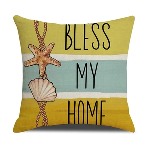 Detail of nautical pillow cover with starfish, shell print and Bless My Home text