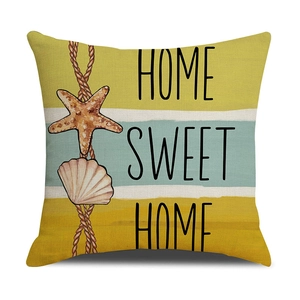 Detail of nautical pillowcase featuring ocean starfish prints and Home Sweet Home text
