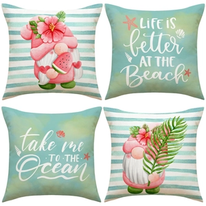 Zomer Oceaan Strand Thema Linnen Decoratieve Kussenhoes Cartoon Gnoom Bedrukt Streep Tropische Bloem Vierkant Sierkussenhoes Thuisdecoratie