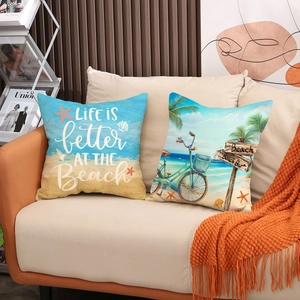 Set di 2 federe per cuscini in lino stile mediterraneo con stampa estiva Life is Better