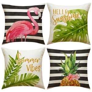 Tropical Flamingo Pineapple Linen Cushion Cover Black White Striped Decorative Pillowcase For Sofa Living Room Home Decor