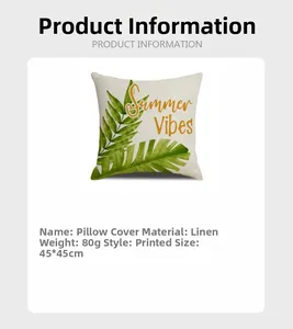 Linen cushion cover with Summer Vibes palm leaf print and 45x45cm size details