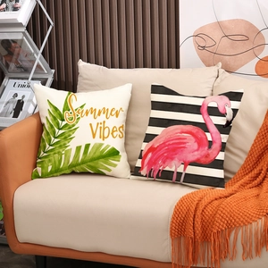 Tropical flamingo and palm leaf striped linen cushion covers set for sofa decoration