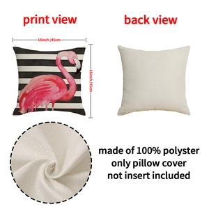 Pink flamingo pillow cover with black white stripes on textured polyester fabric