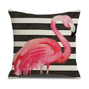 Detail of flamingo print on black and white striped linen square cushion cover