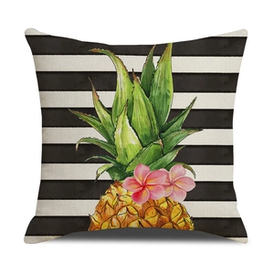 Linen pillowcase with black white stripes and watercolor pineapple floral pattern
