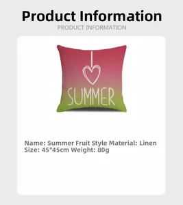 Macro detail of summer watermelon print pillowcase featuring linen texture and 45x45cm size