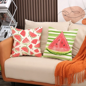 Watermelon fruit print throw pillow covers set on sofa for summer home decoration