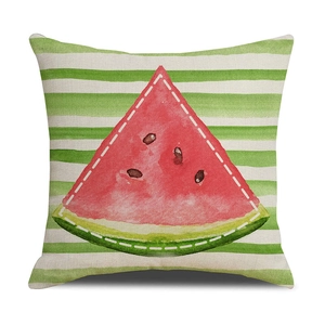 Detailed texture of cotton linen cushion cover featuring a watercolor watermelon print