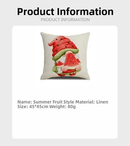 Detailed view of linen cushion cover showing summer gnome print and fabric specifications