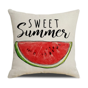Detail of linen texture pillow cover with watercolor watermelon and Sweet Summer text