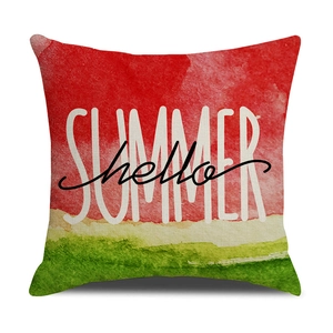 Detail of linen-textured square pillowcase with watercolor watermelon and summer text
