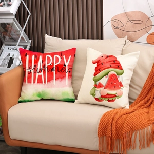 Linen summer pillow covers with watermelon gnome and Happy Summer print on sofa