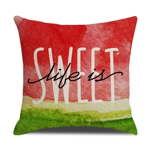 Detailed fabric texture and sweet life watercolor watermelon print on square cushion cover