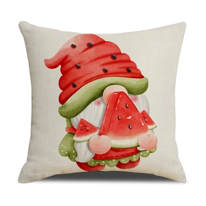 Detail of linen pillowcase with watercolor watermelon gnome print and woven texture