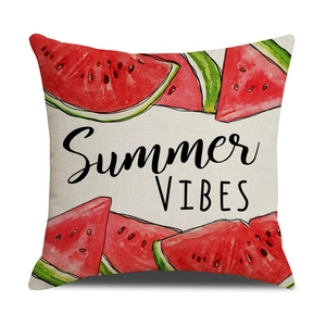 Close-up of Summer VIBES watermelon print on linen textured square cushion cover