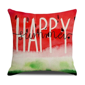Detail view of square linen pillowcase with watermelon pattern and HAPPY summer print