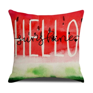 Detail of square linen cushion cover featuring watermelon print and Hello Sunshine text